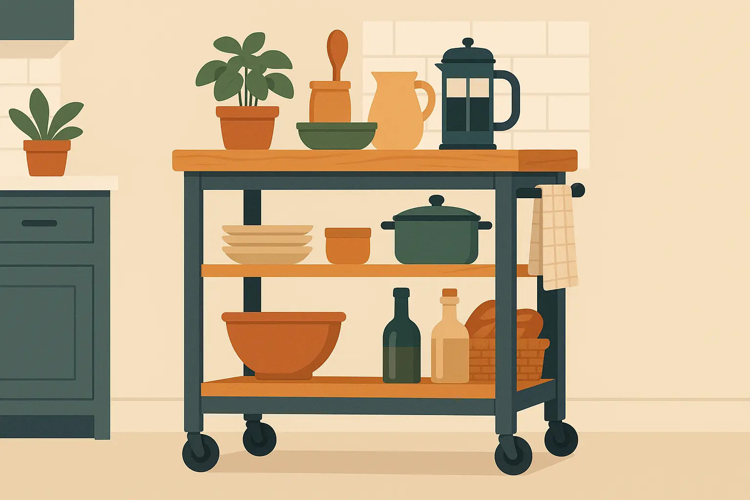 Rolling kitchen cart with multiple shelves