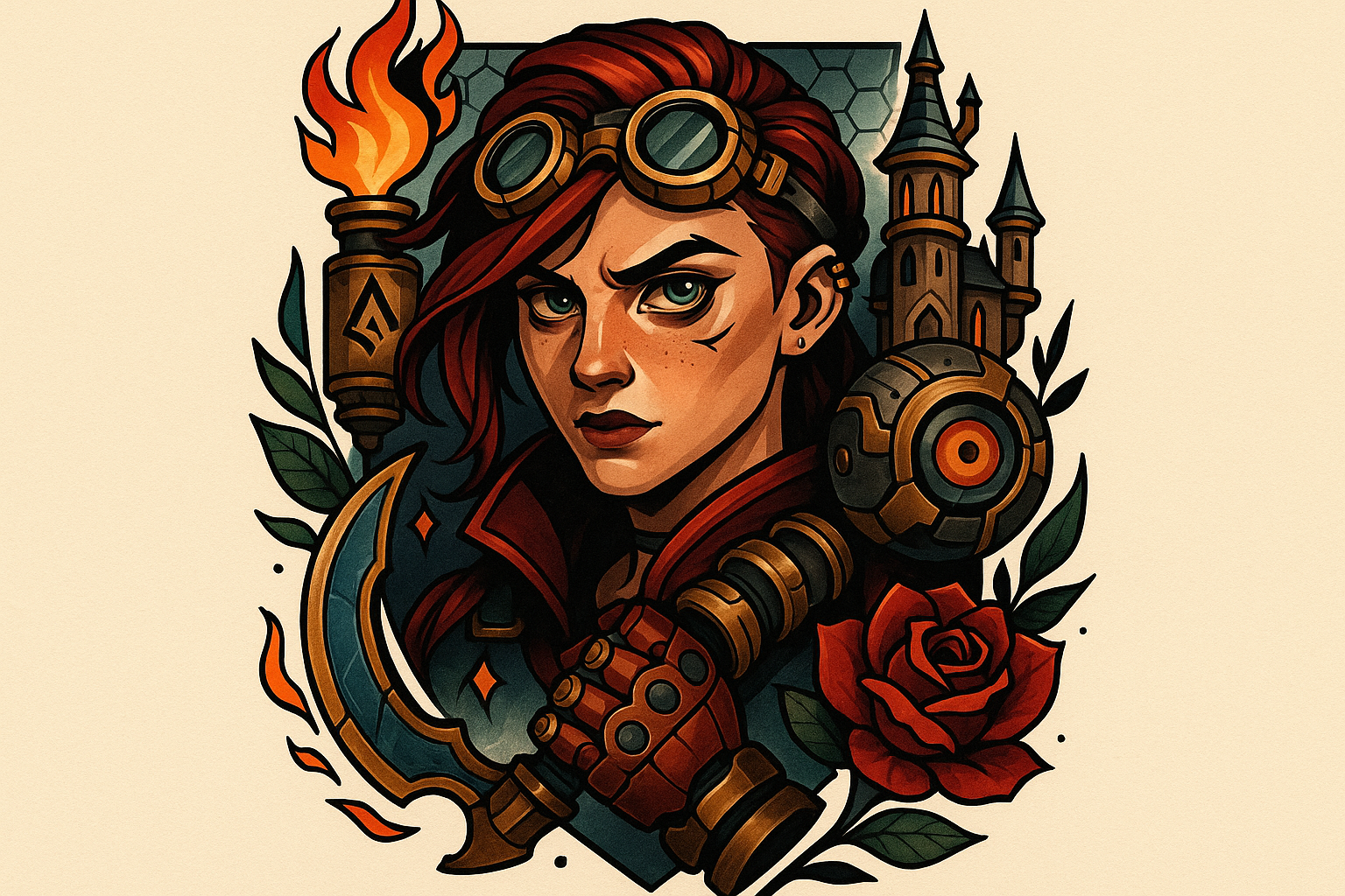Neo-traditional arcane mashup tattoo design