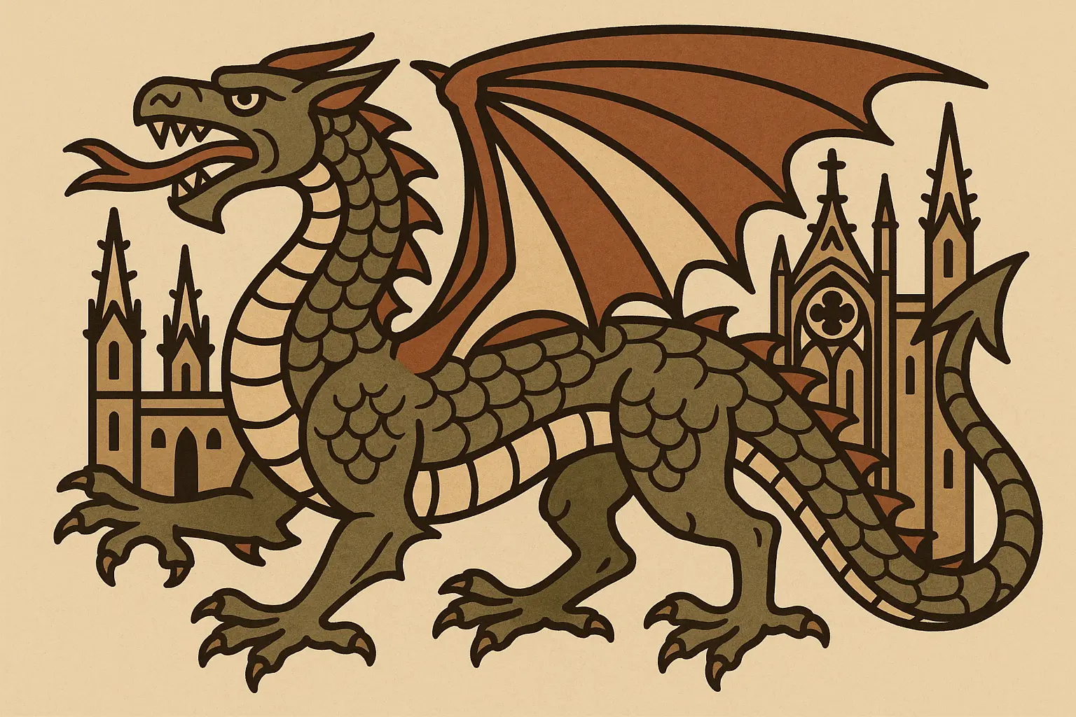 European medieval dragon back tattoo with gothic elements