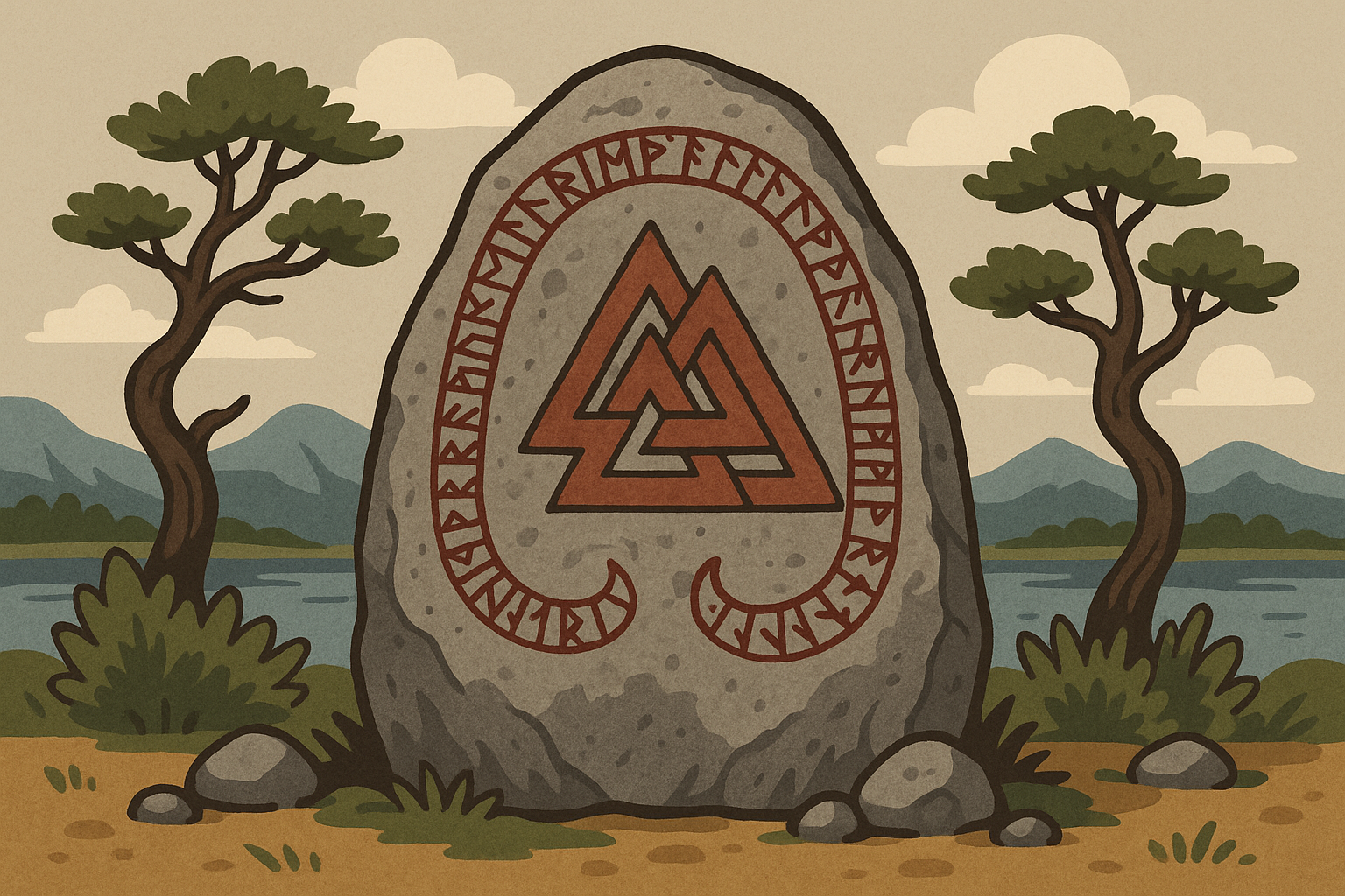 Ancient Norse valknut symbol carved in weathered stone