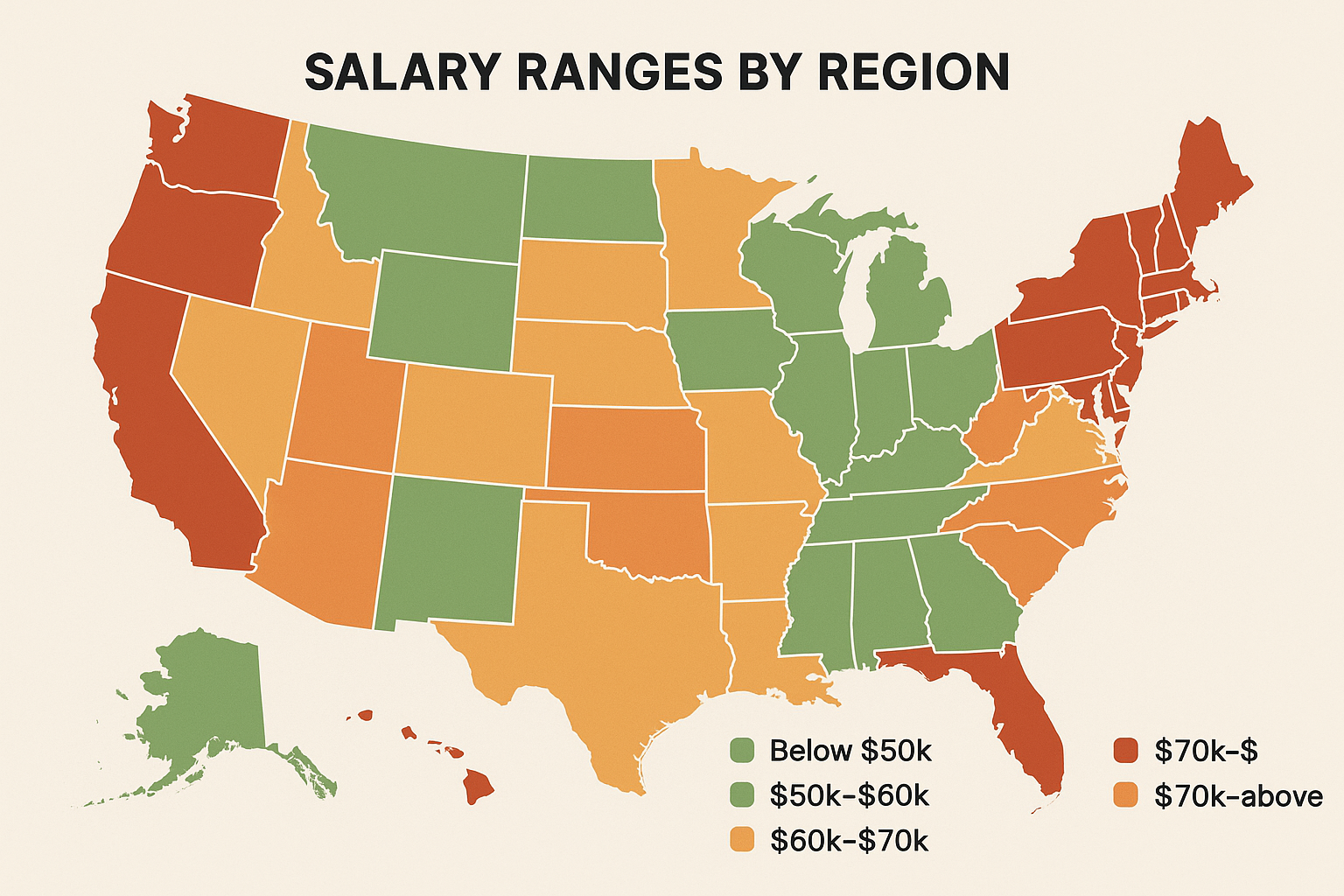 US salary map with regional color coding
