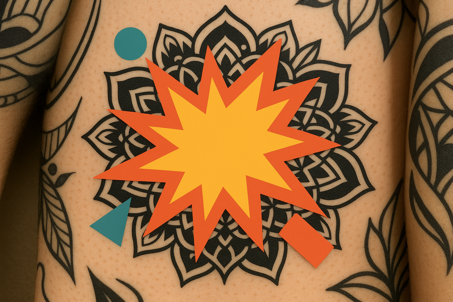 Geometric blackwork blast over tattoo patterns