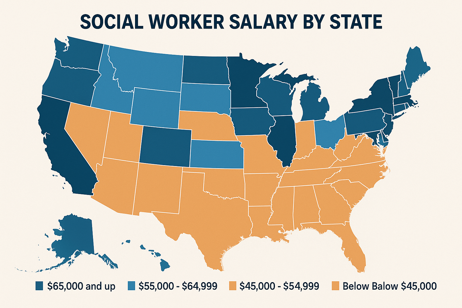 Geographic salary comparison map for social workers