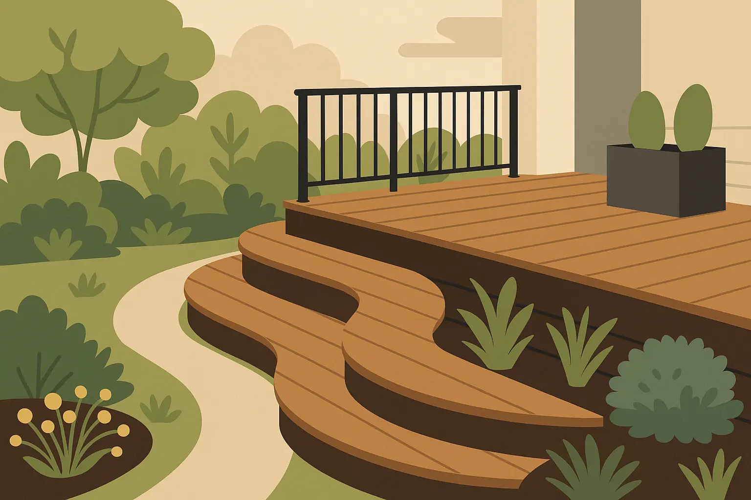 Curved and angled deck steps design
