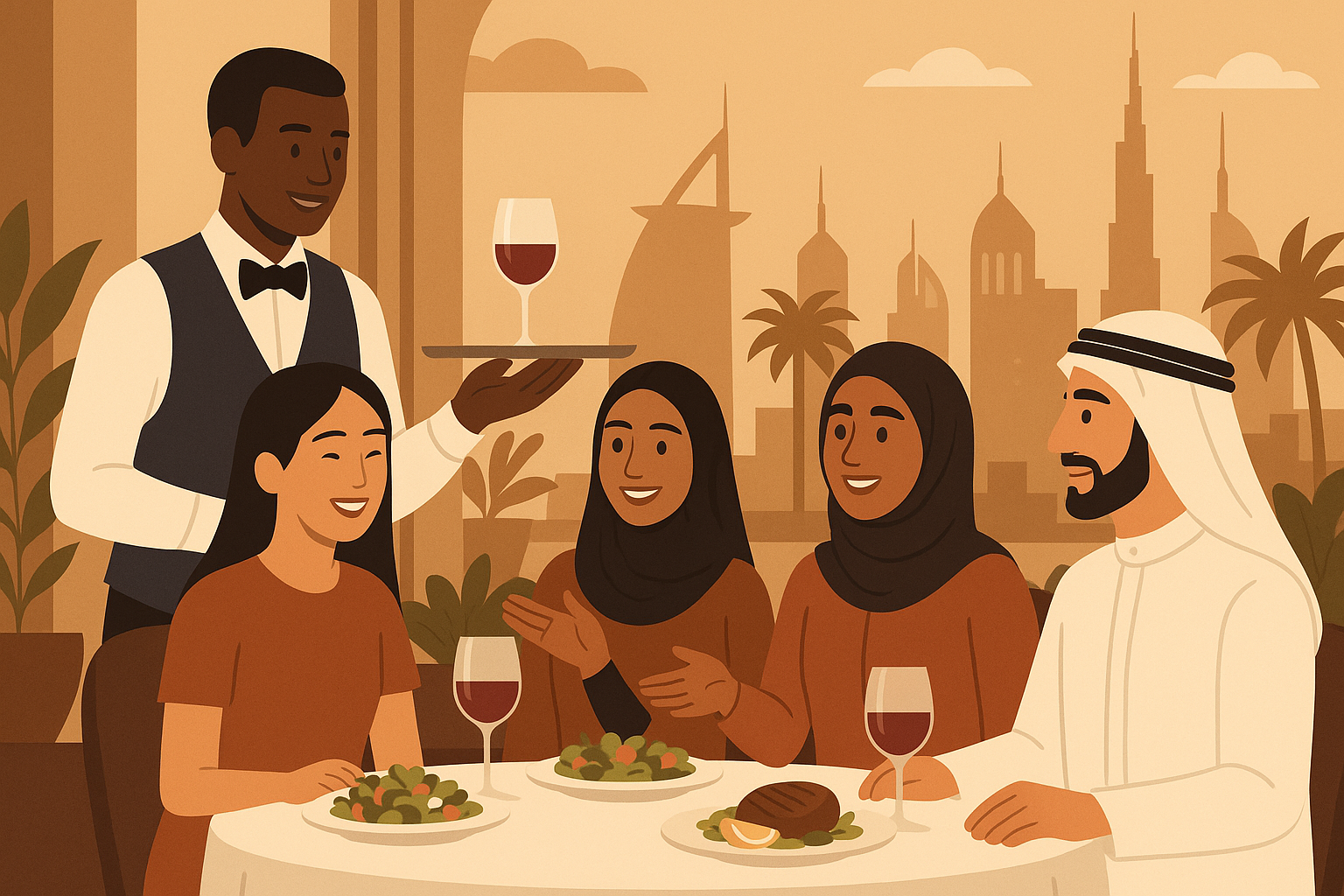 Multilingual waiter communicating with international customers