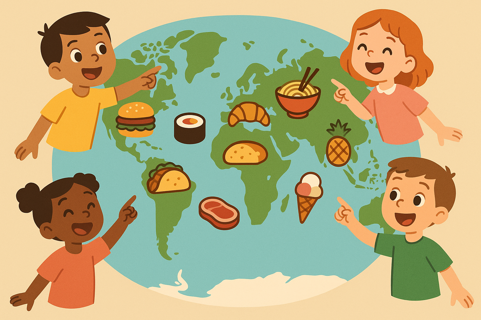 World map with various cultural foods displayed