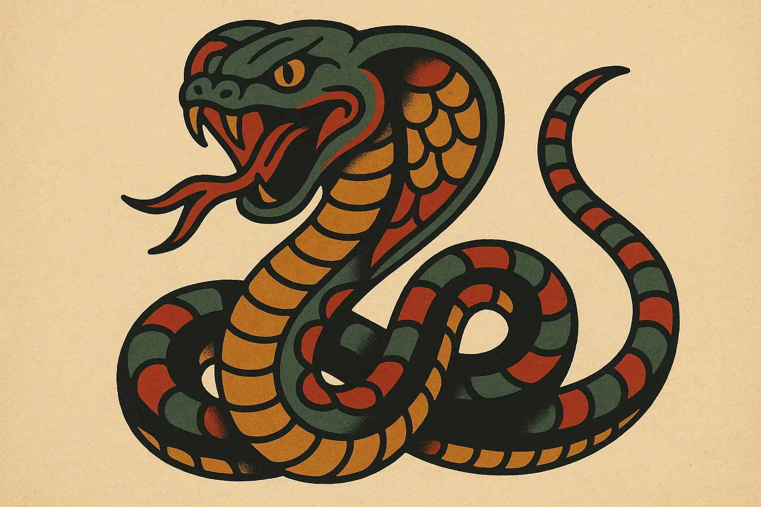American traditional cobra tattoo with bold lines