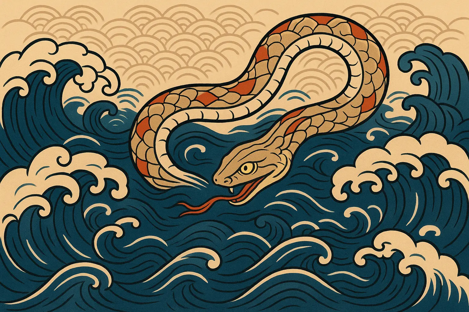 Japanese water snake with traditional wave patterns