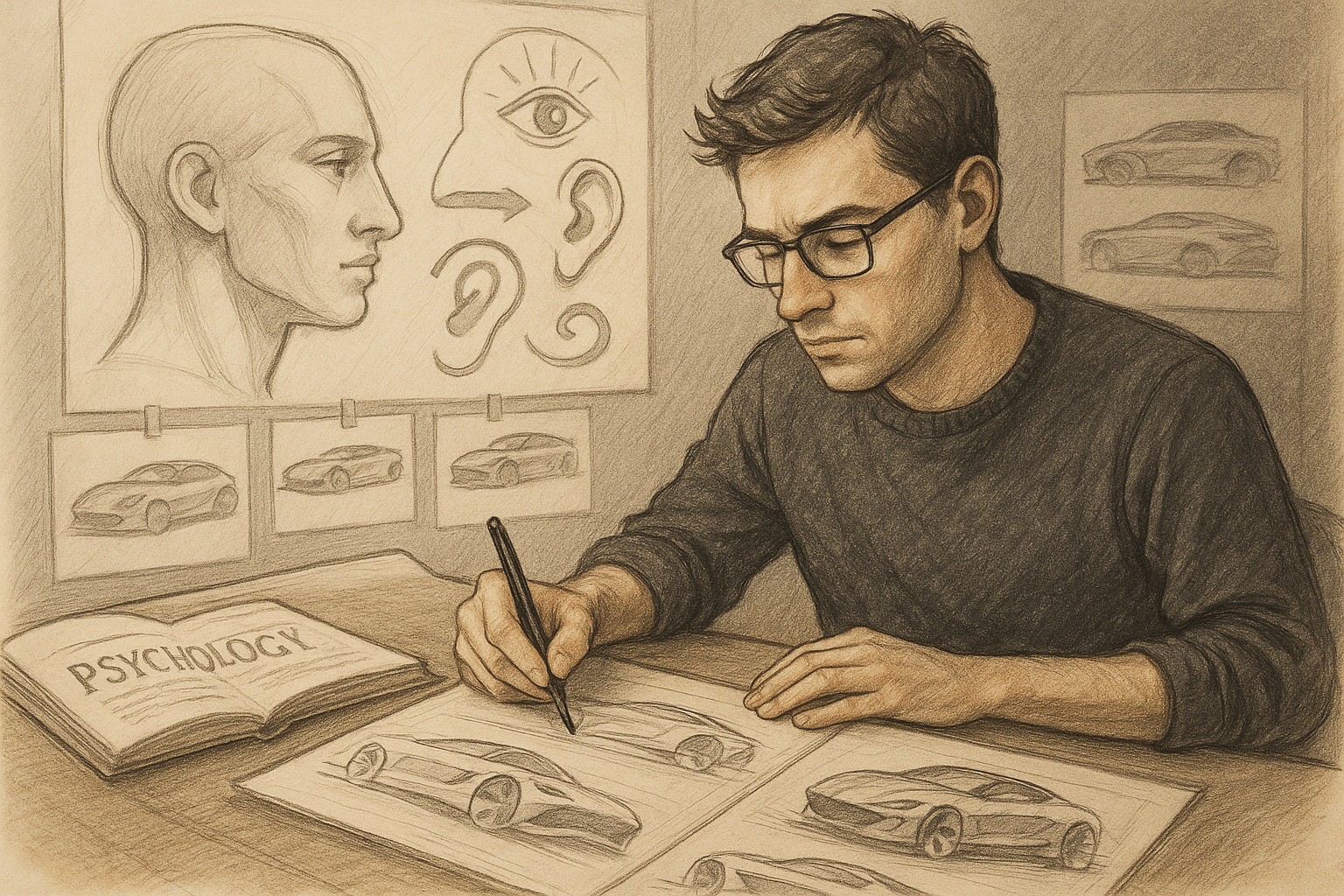 Car designer working on sketches and digital models