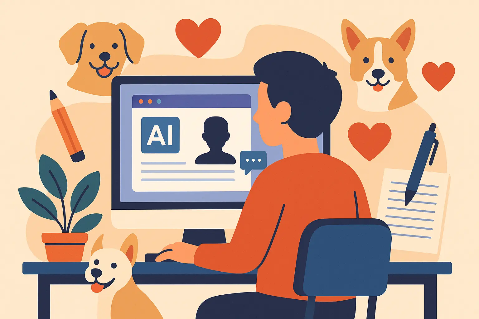 Rescue volunteer using AI storytelling tools on laptop to document dog rescue stories