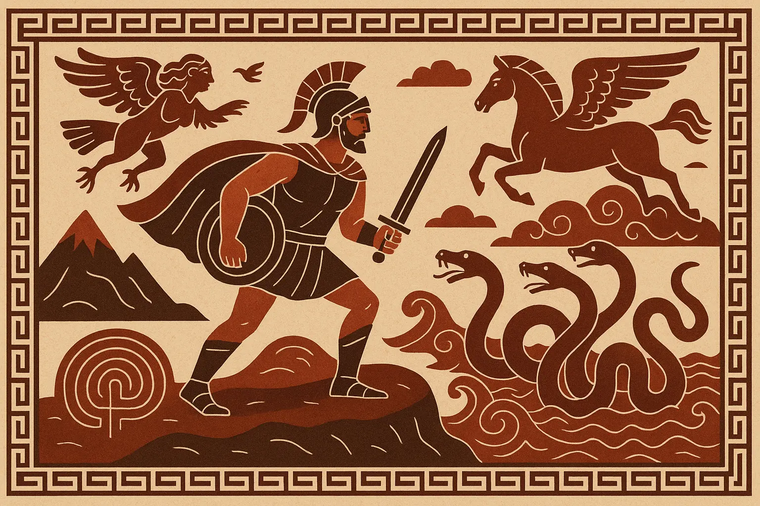 Epic hero's journey across mythical landscapes