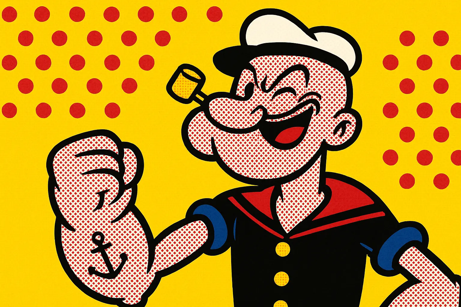 Pop art style Popeye tattoo featuring Ben-Day dots and bold primary colors