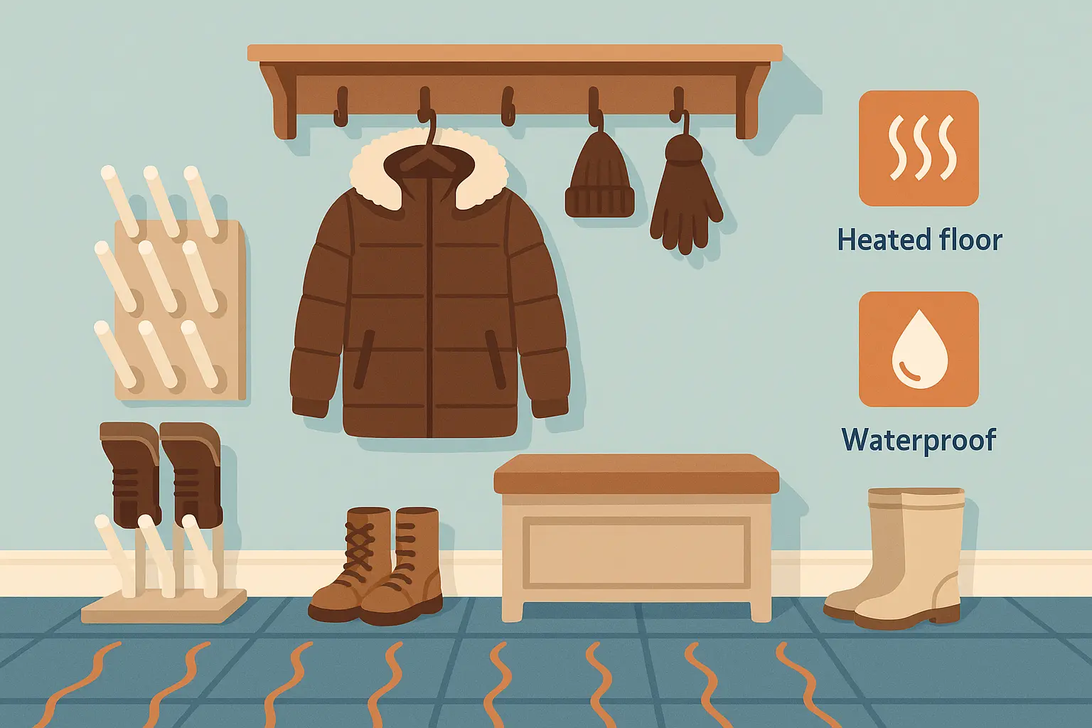 Winter-ready mudroom with heated floors and boot drying