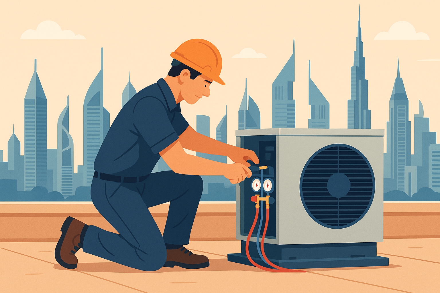 AC Technician working on Dubai skyscraper HVAC system