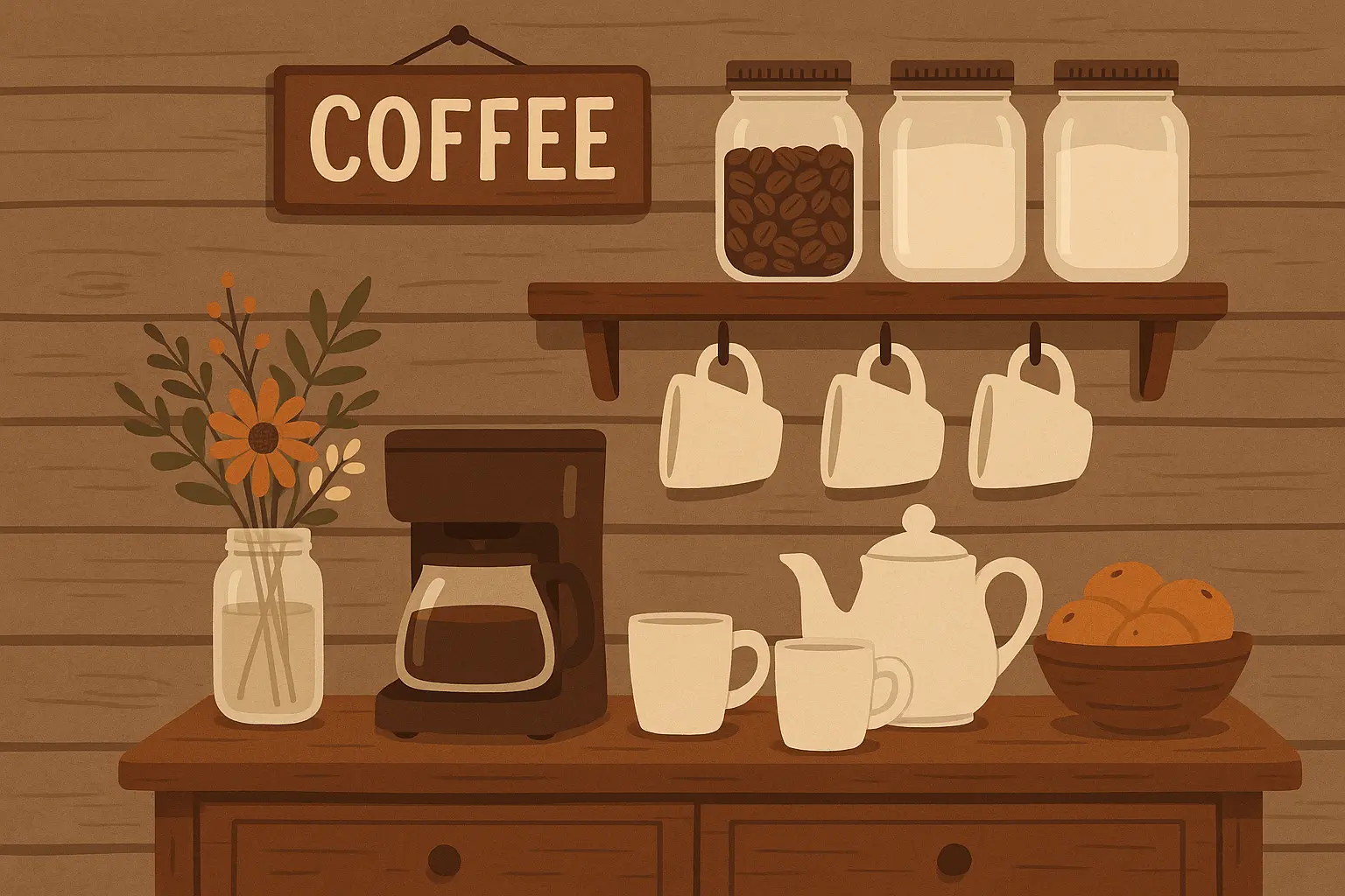 Farmhouse coffee station with rustic wood finishes