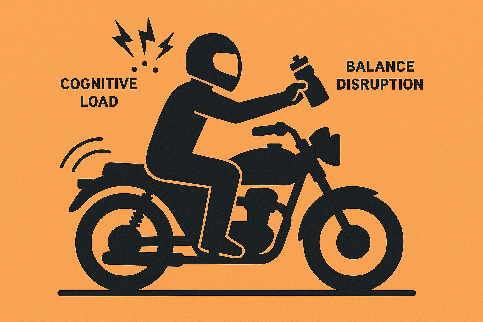 Motorcycle rider reaching for drink while maintaining balance
