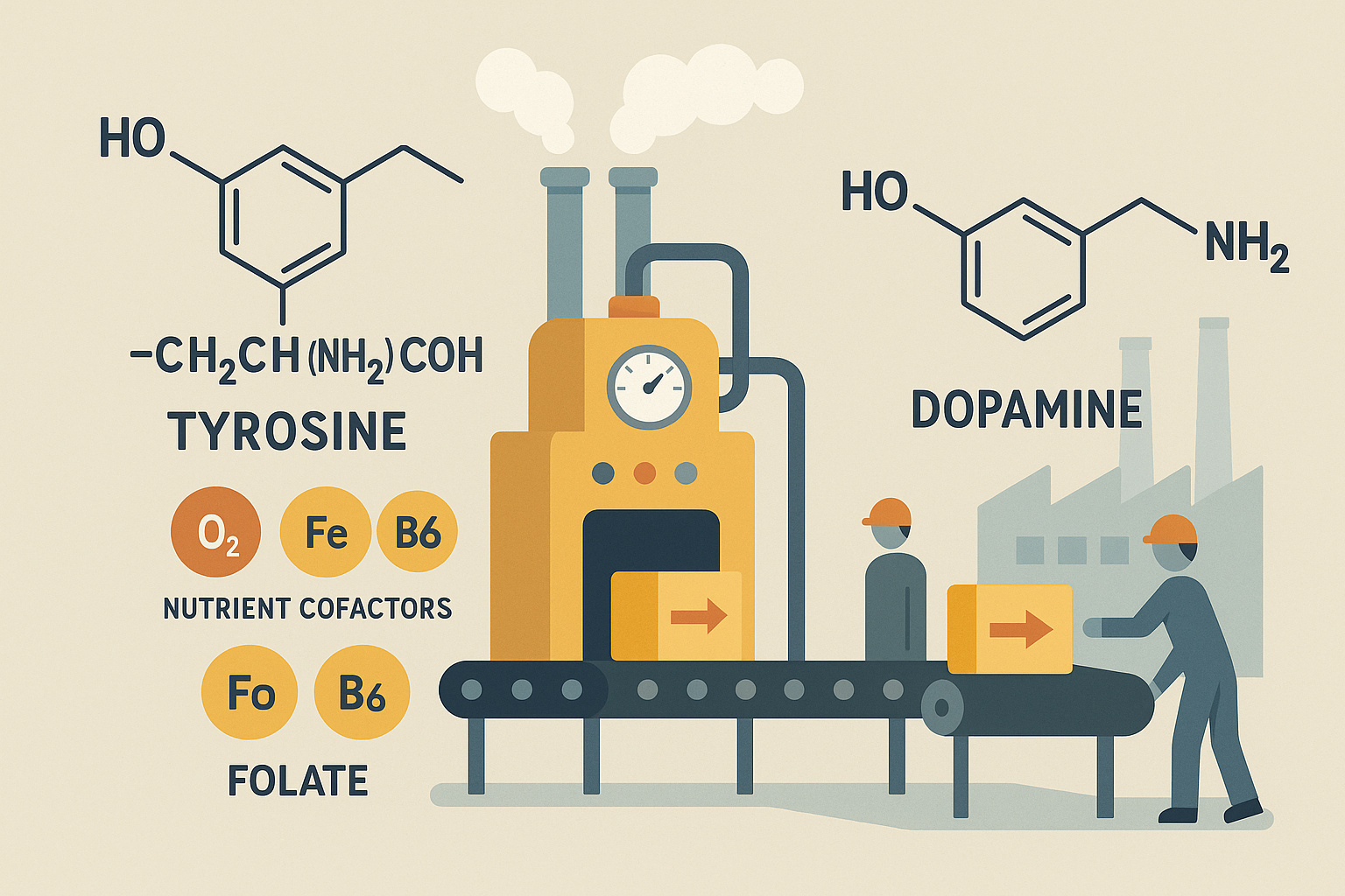 Dopamine synthesis pathway and metabolic requirements