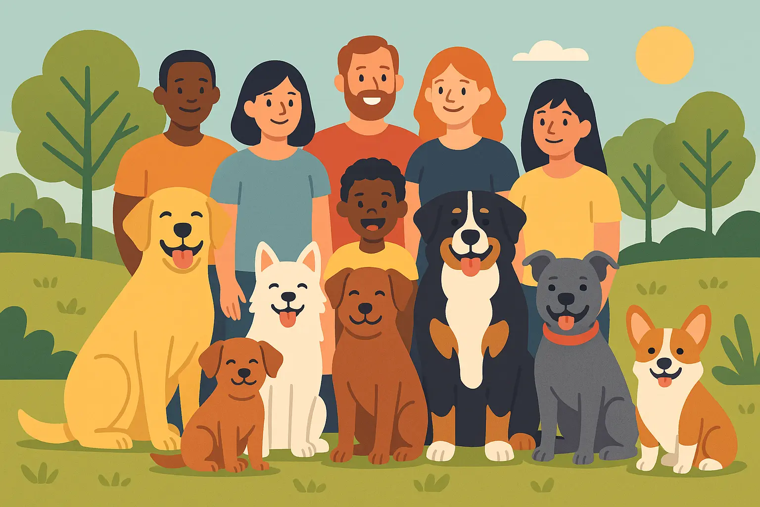 Happy rescued dogs playing together in a community park with their new families