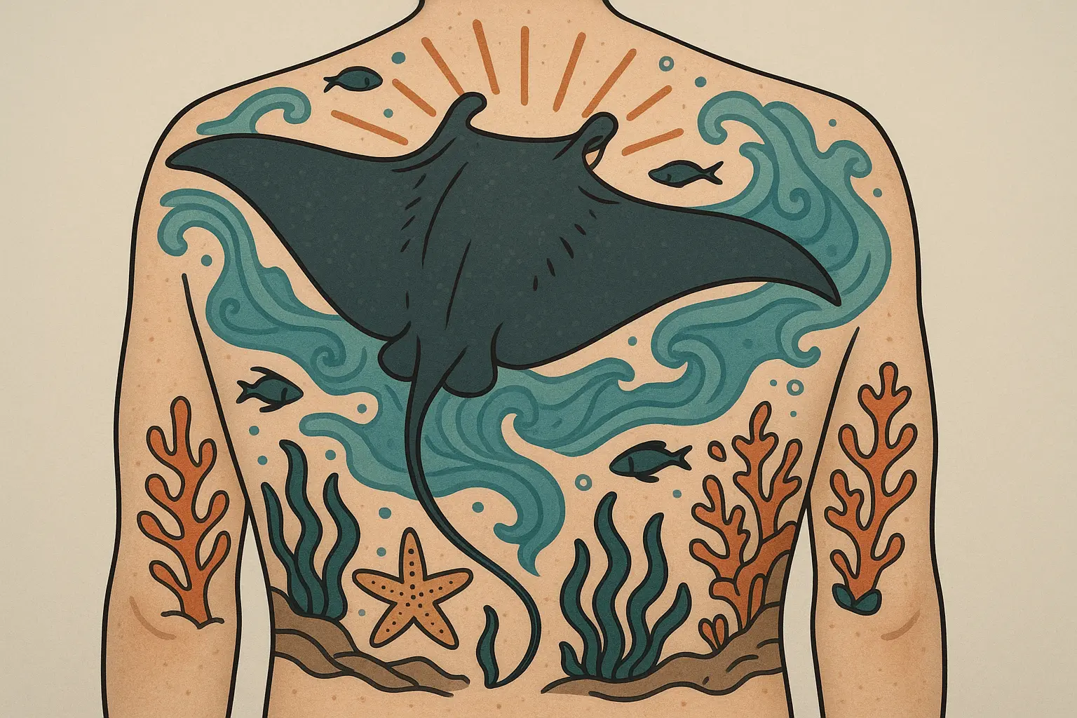 Large stingray tattoo on back with flowing composition