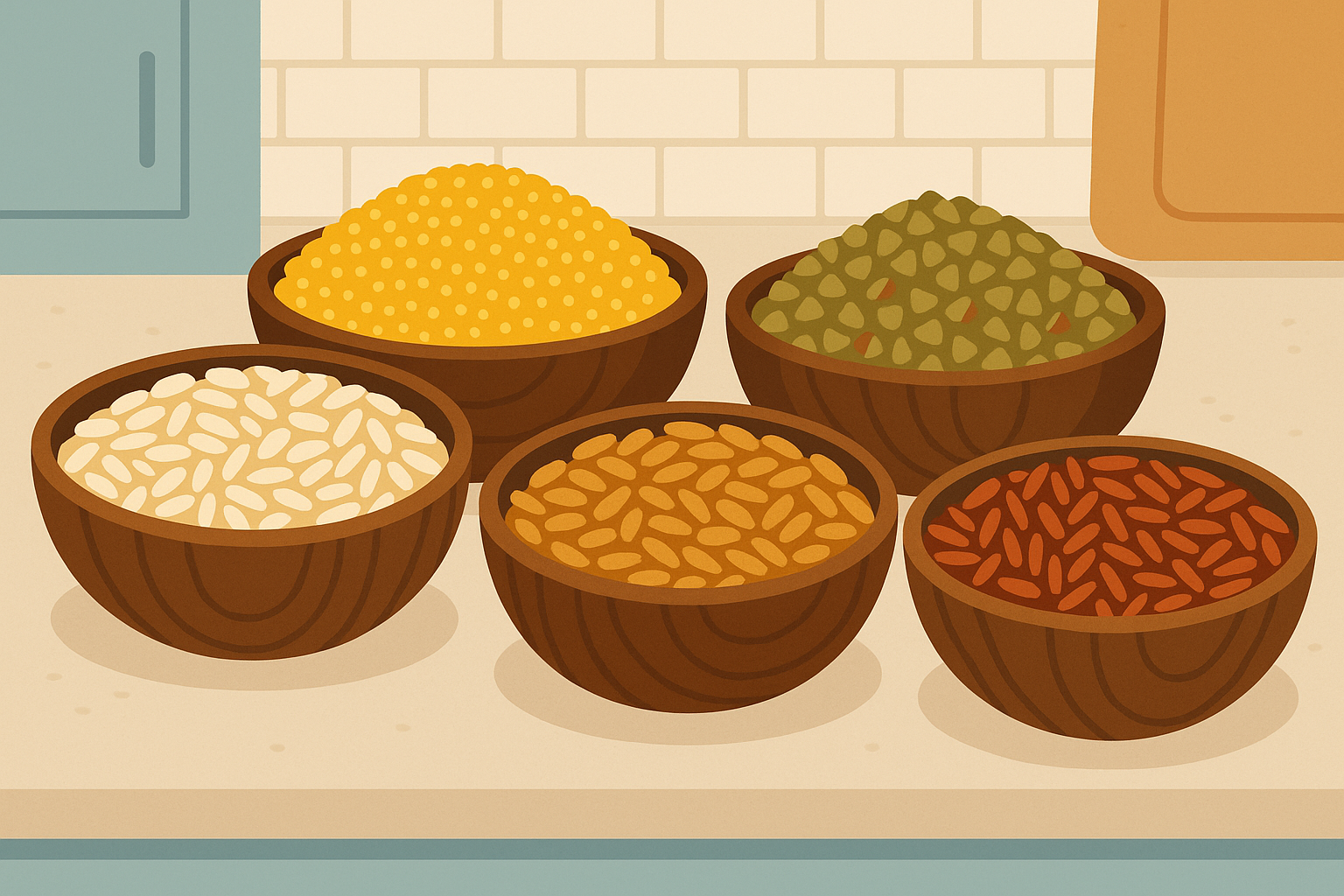 High-fiber whole grains arranged on a wooden surface