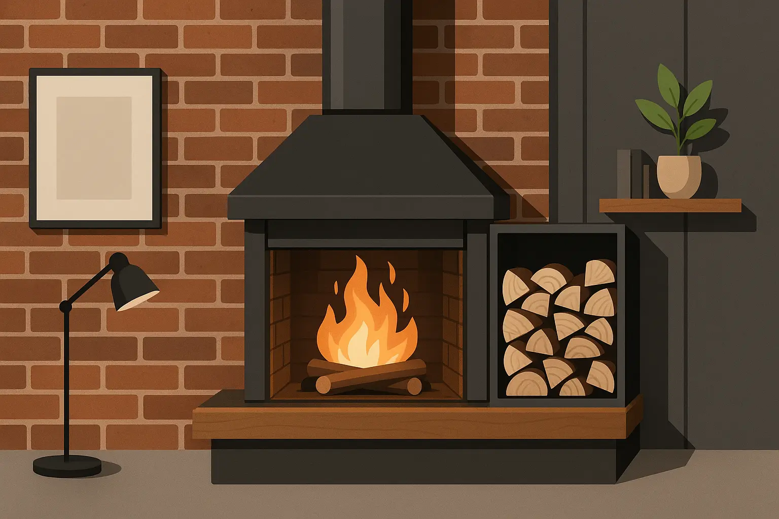 Mixed material brick fireplace with steel and wood elements