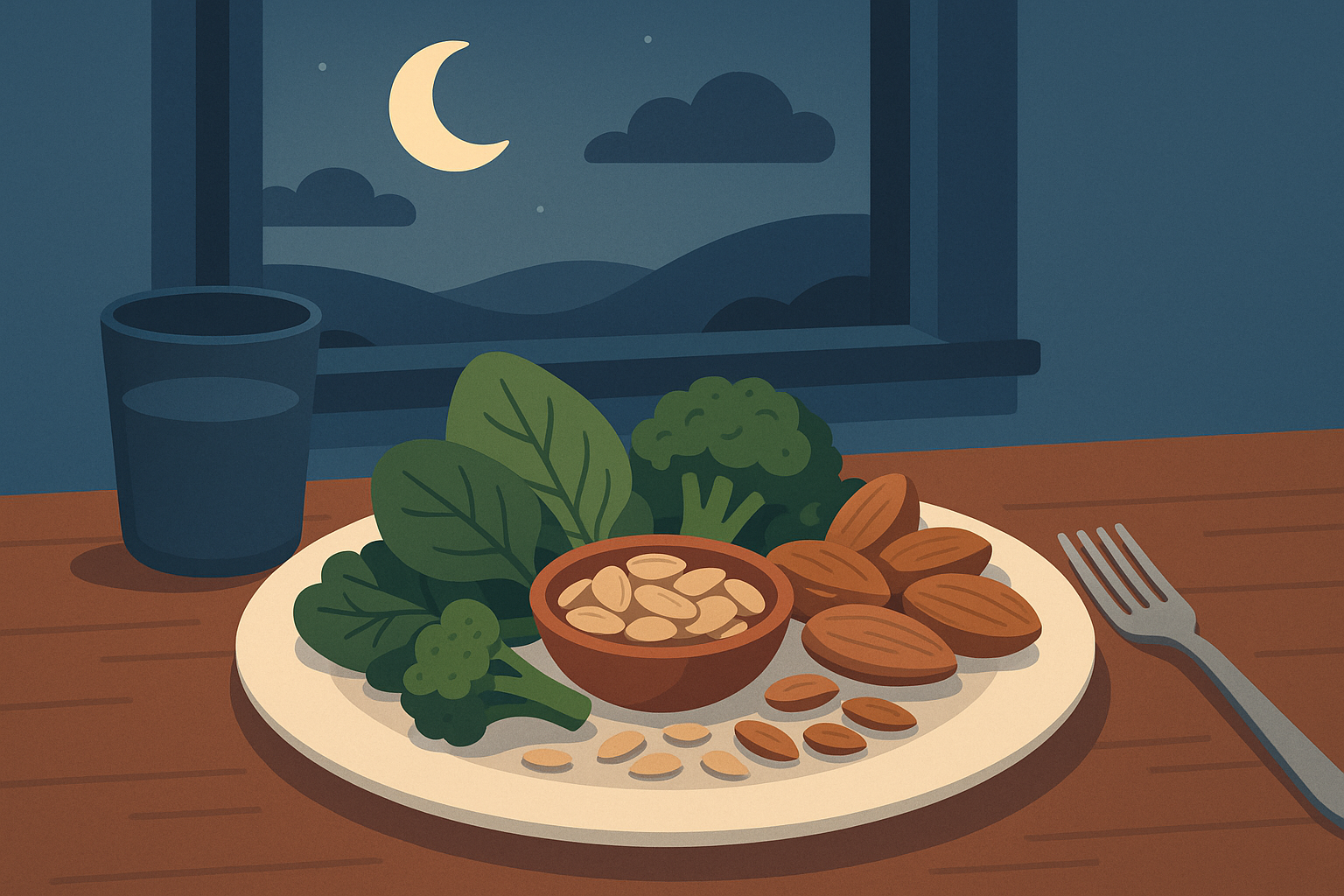 Variety of magnesium-rich plant foods arranged on a wooden table