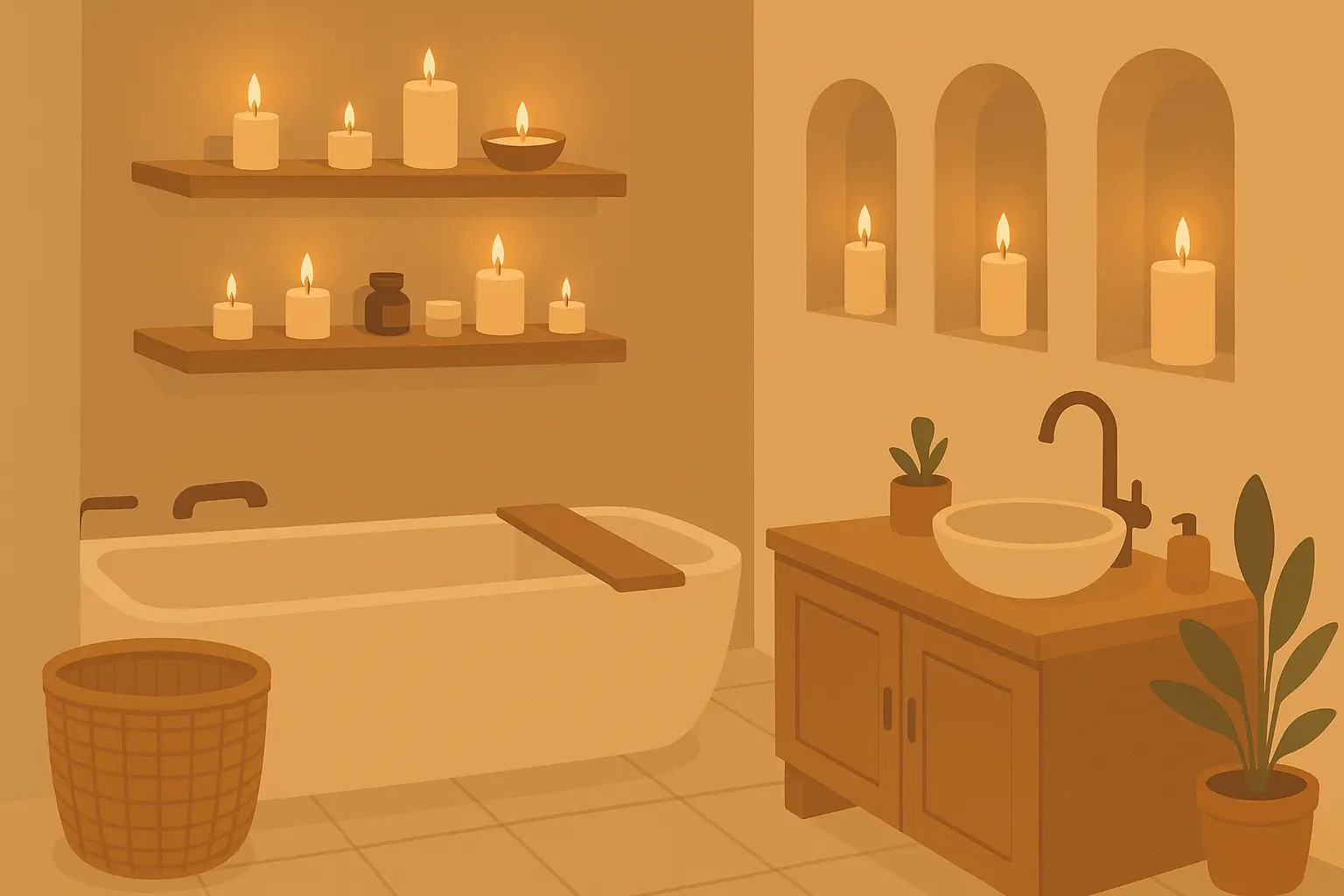 Candlelit ambiance features in spa-like bathroom setting