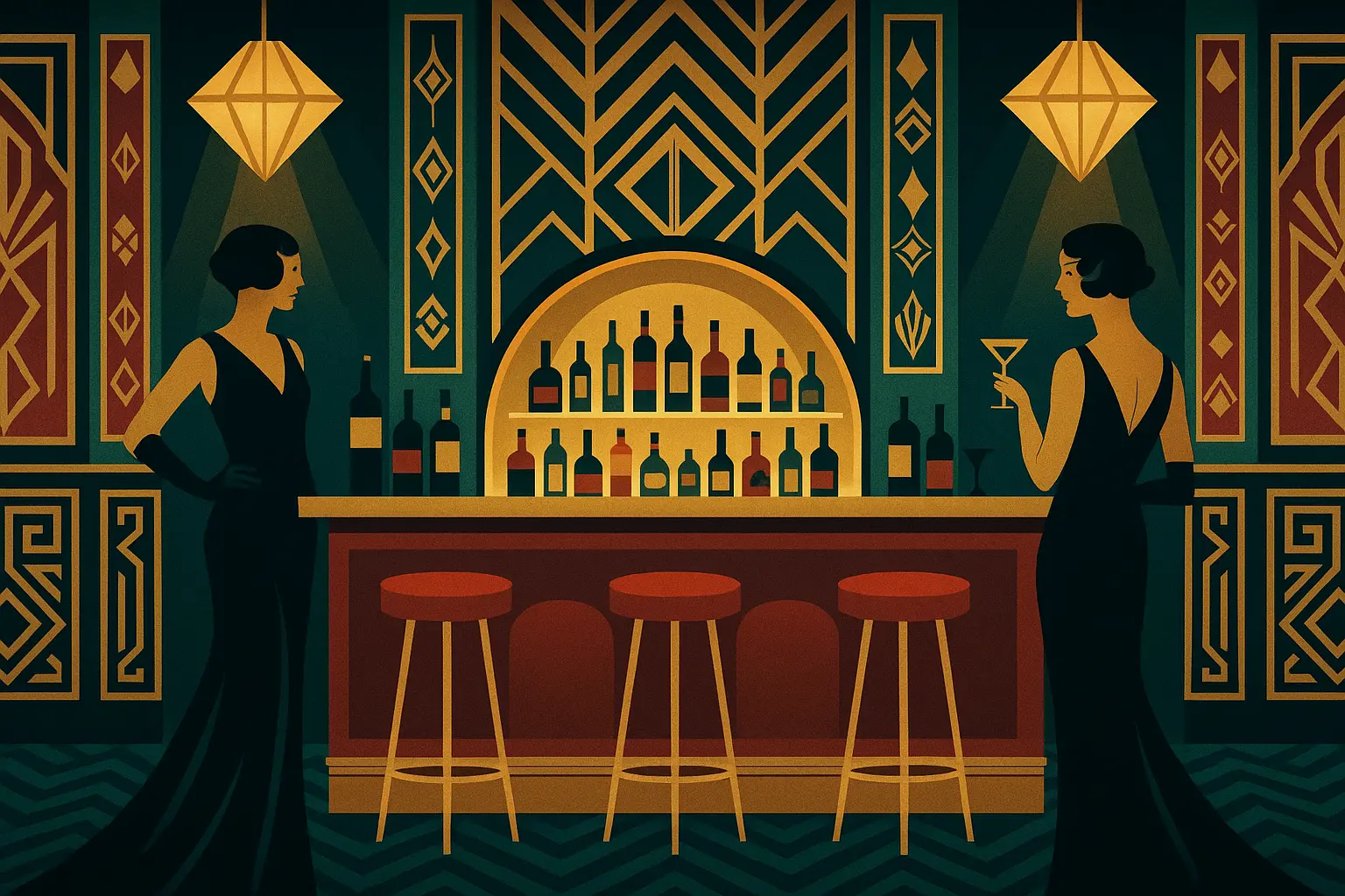 Art Deco glamour wet bar with metallic finishes