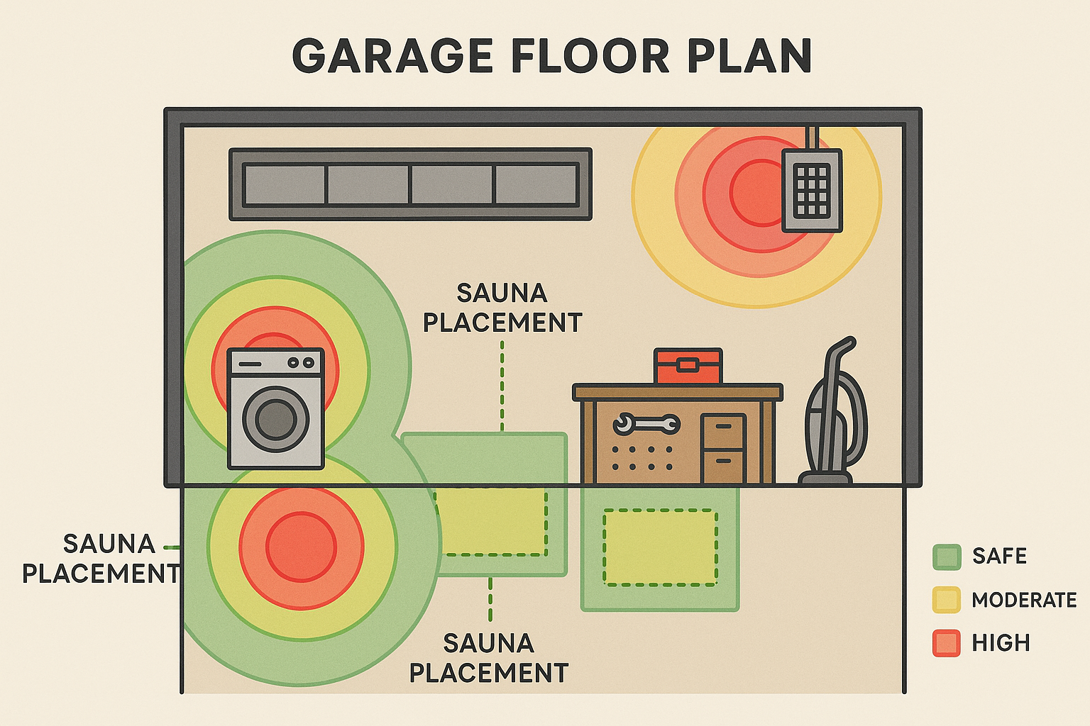 EMF-neutral zone design for garage sauna heater placement