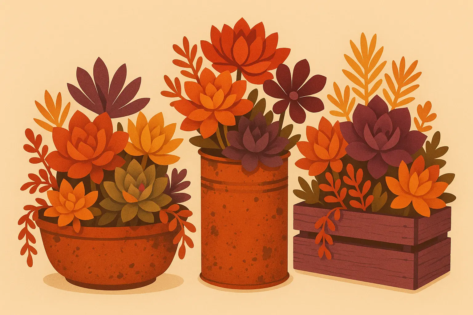 Fall succulent arrangement in weathered container with autumn-colored varieties