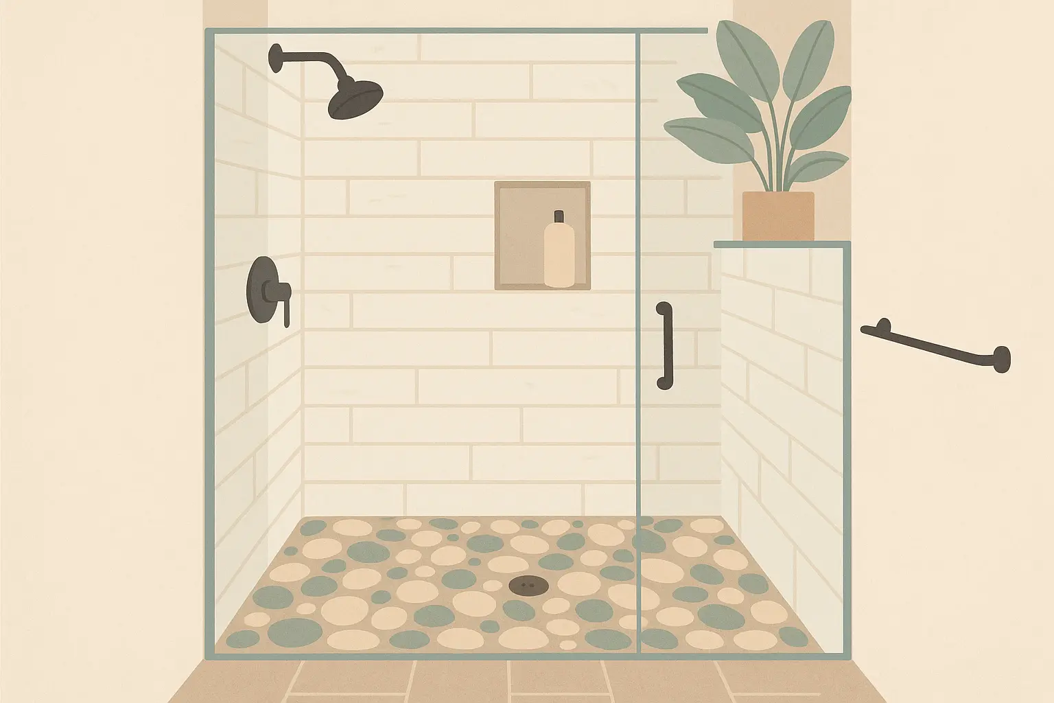 Walk-in shower with pebble floor featuring natural stone and glass enclosure
