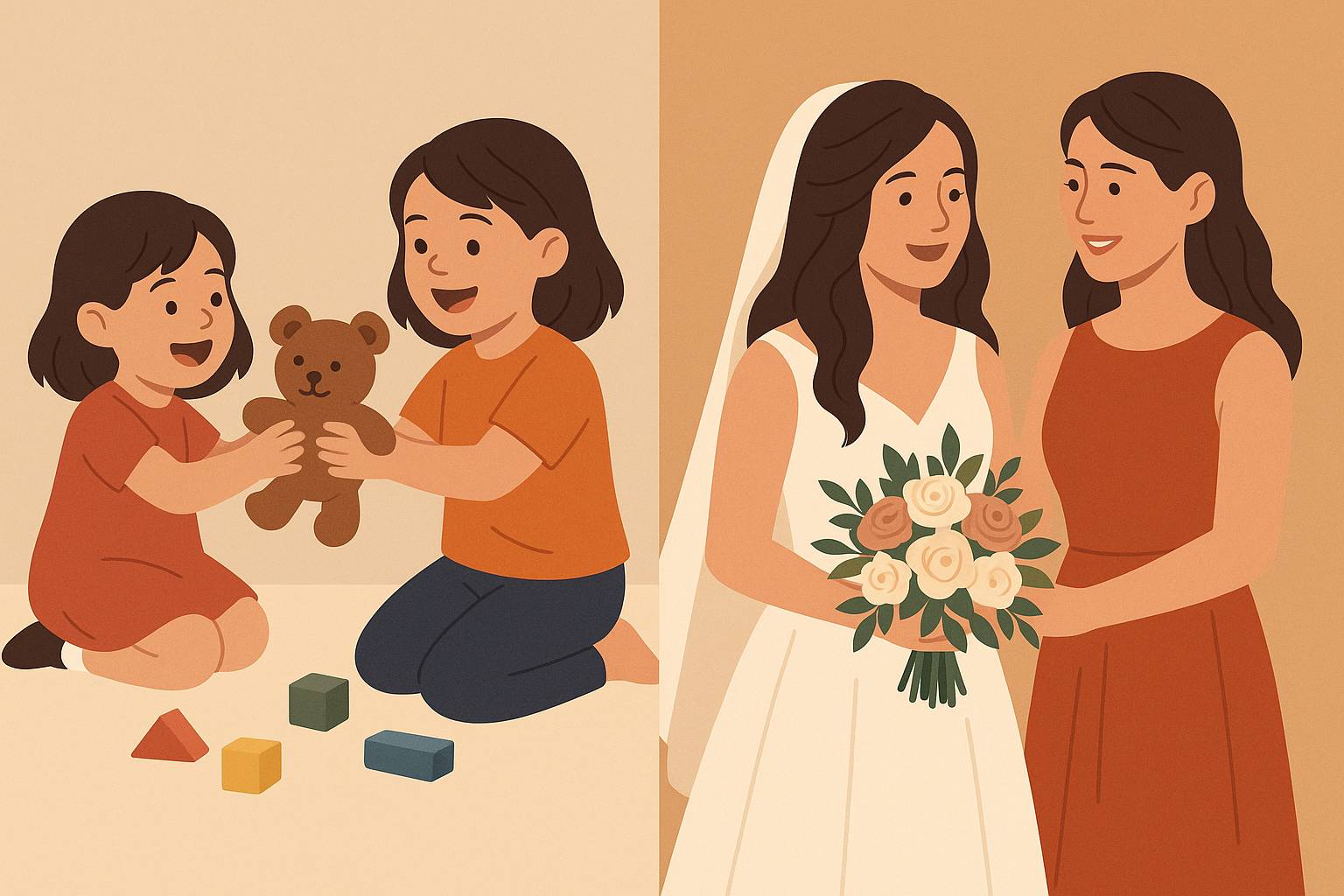 Sisters embracing at wedding