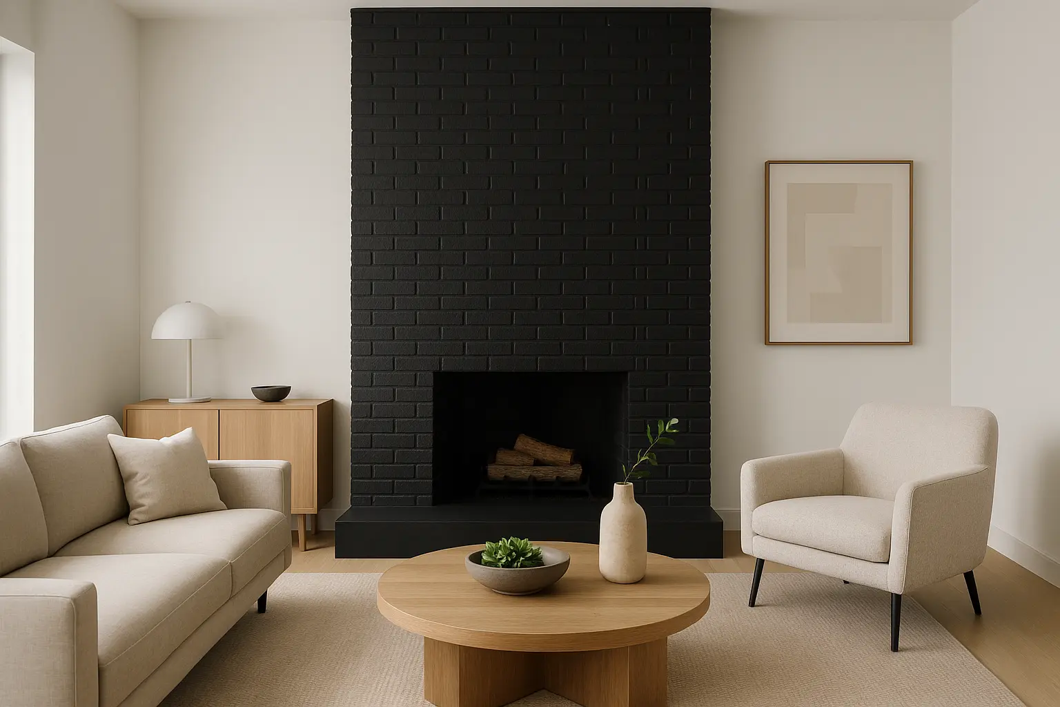 Modern black painted brick fireplace in contemporary living room