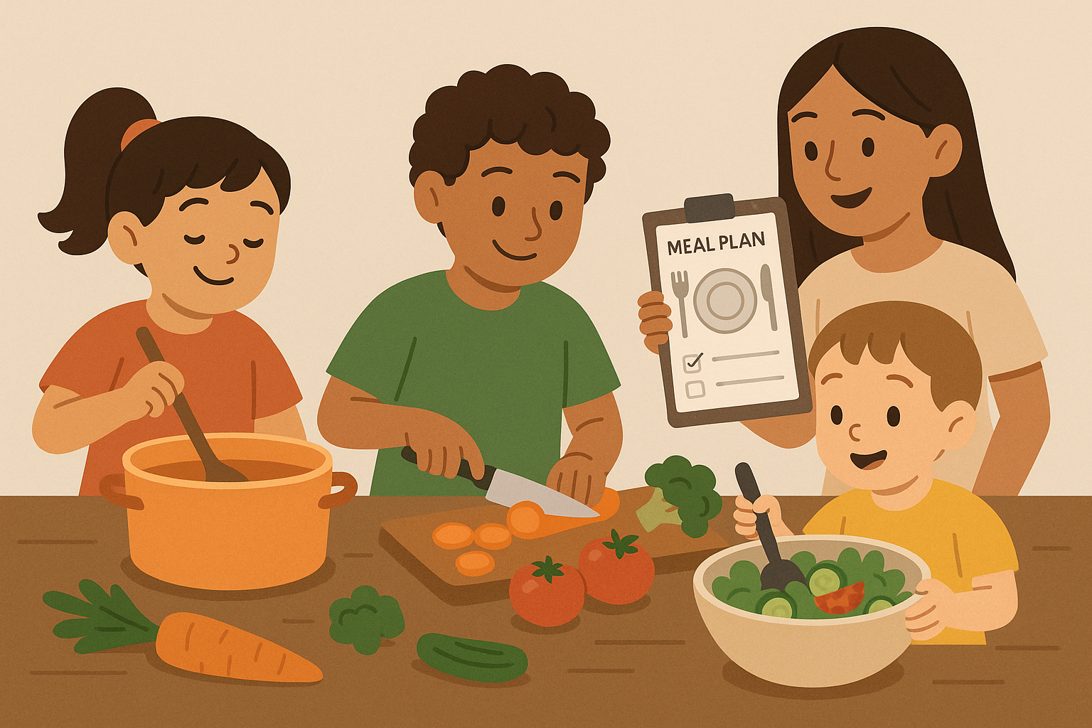 Children of different ages helping in kitchen