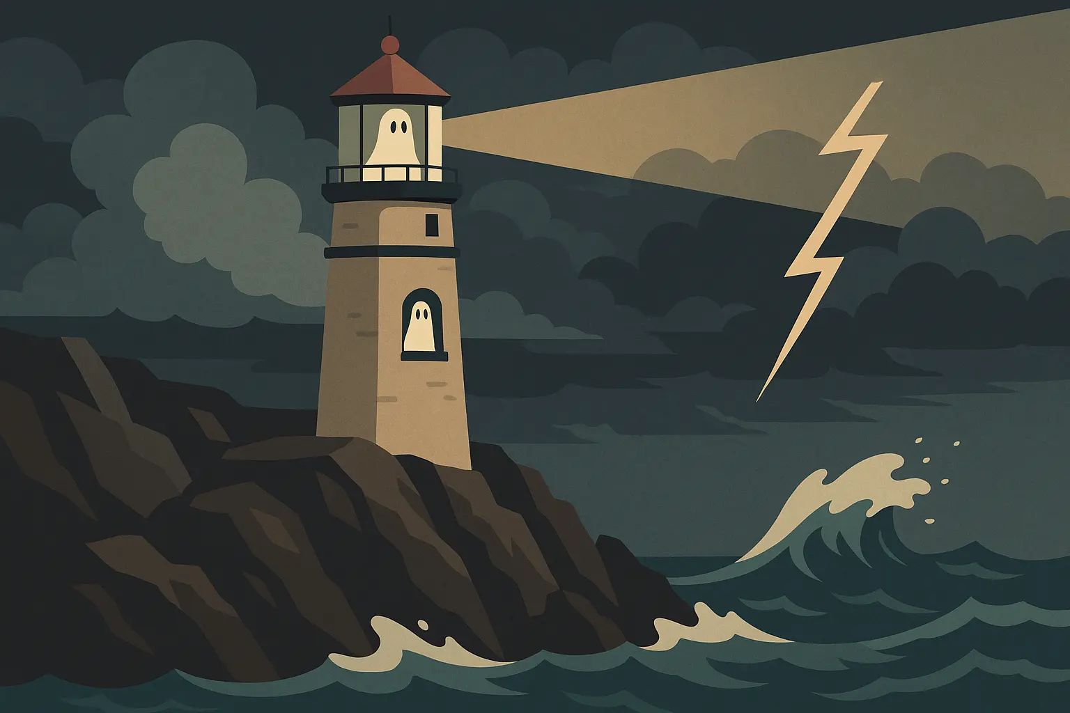 Folk horror lighthouse scene with ghostly presence