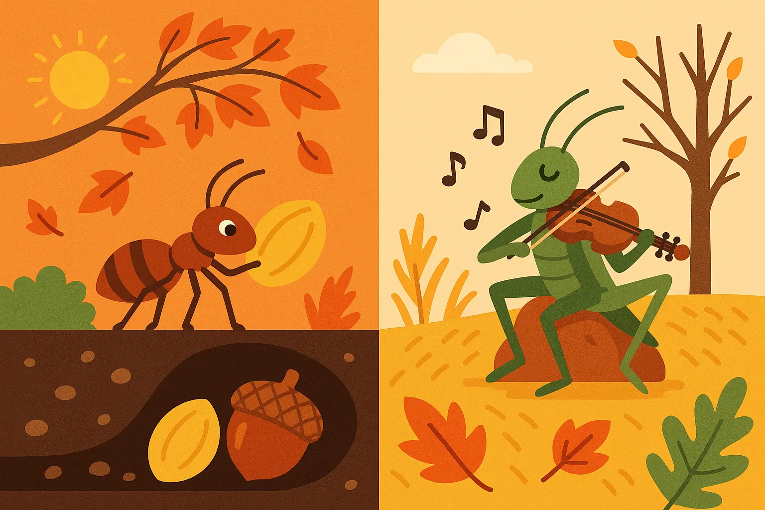 Ant working while grasshopper plays