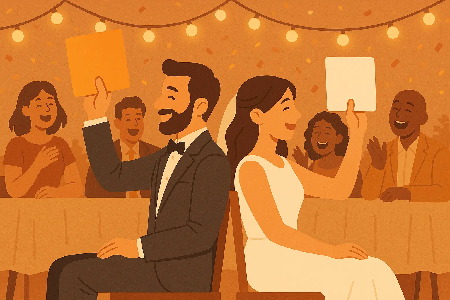 Newlywed game setup with couple and guests