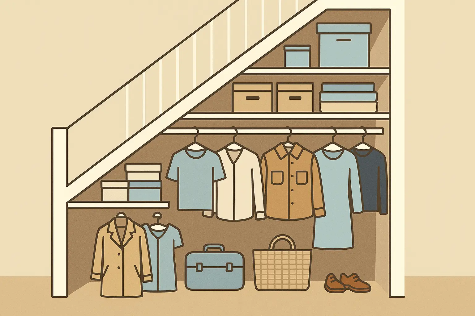 Under-stair closet conversion with angled storage