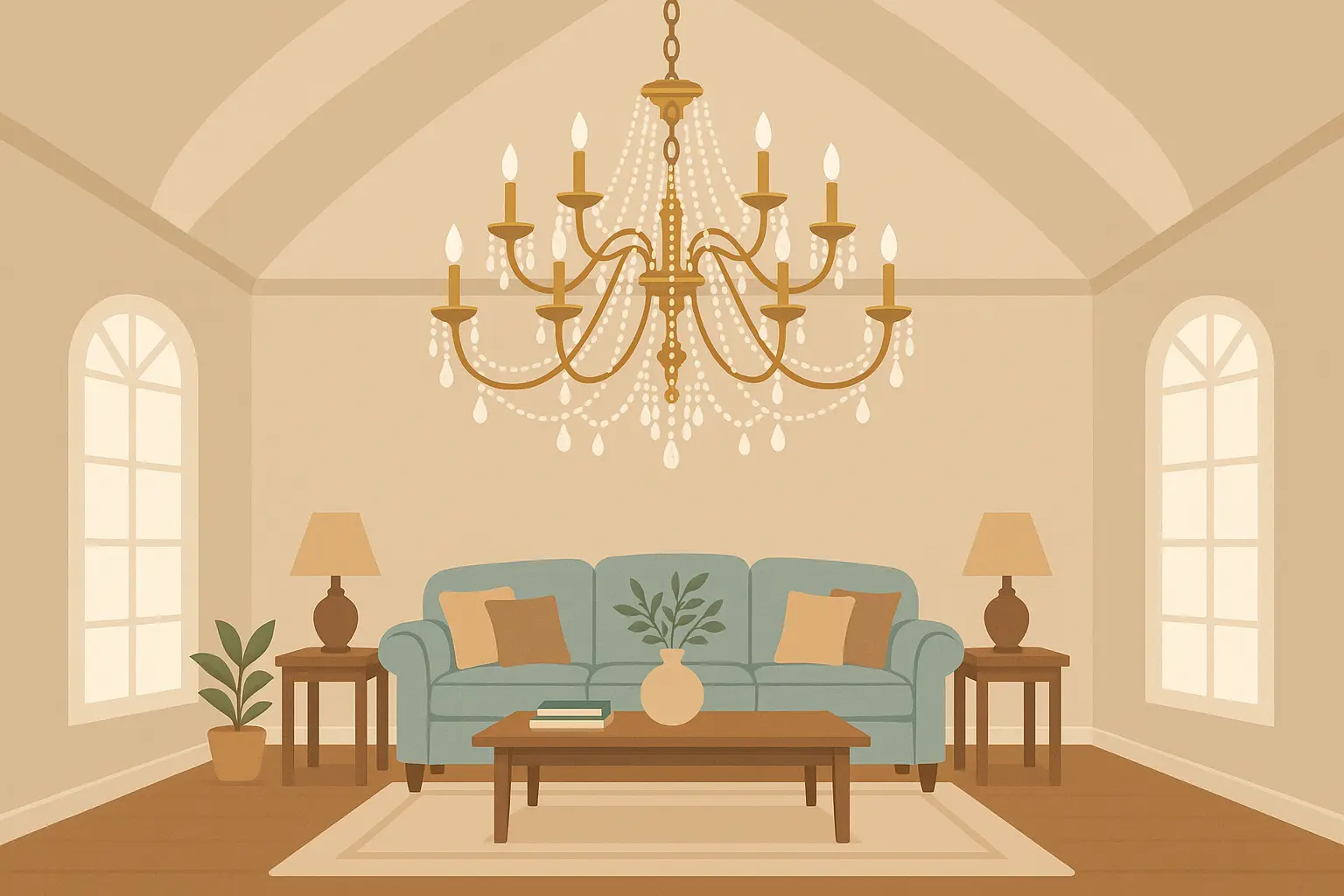 Statement chandelier in vaulted ceiling living room