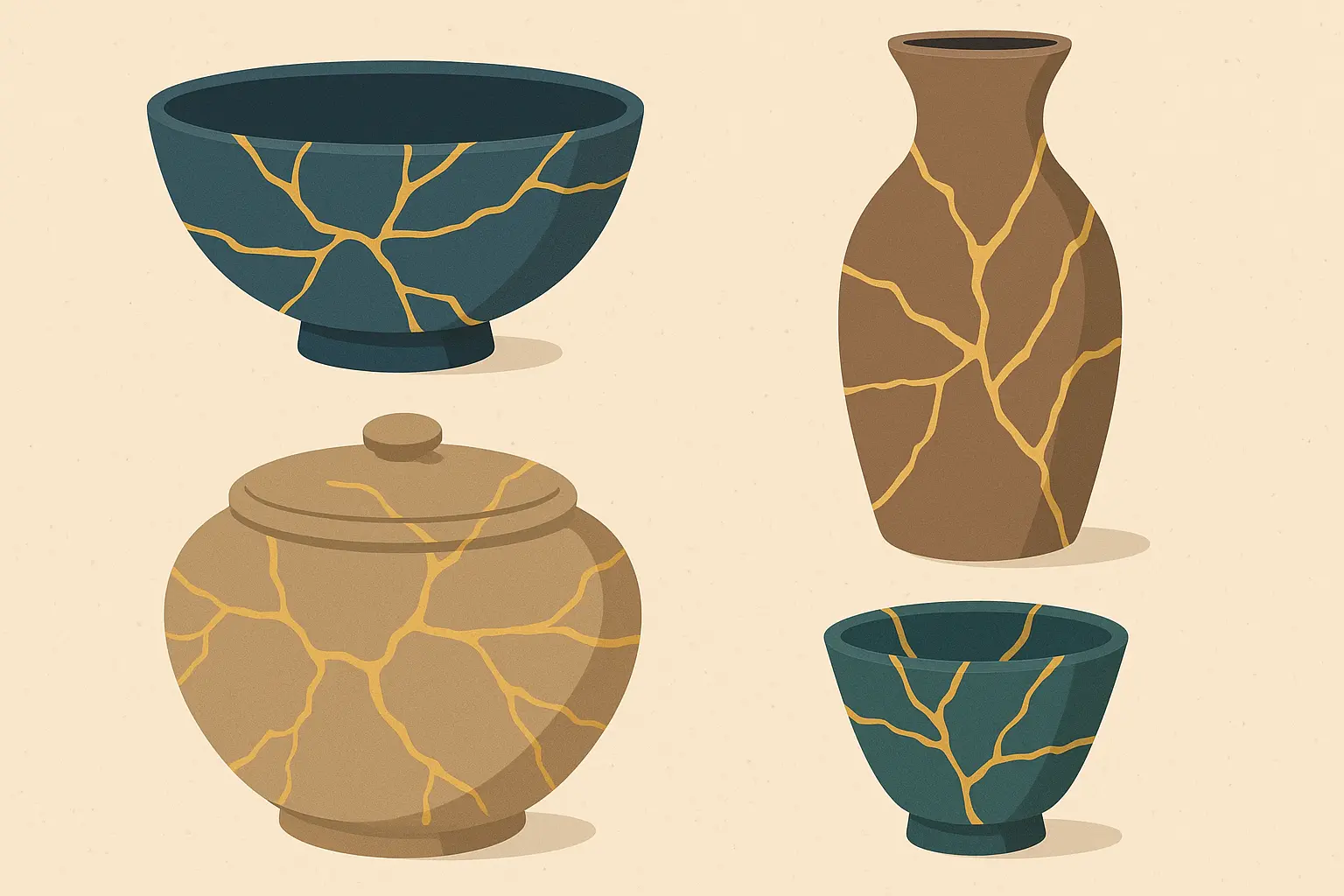 Traditional kintsugi pottery with golden repair lines