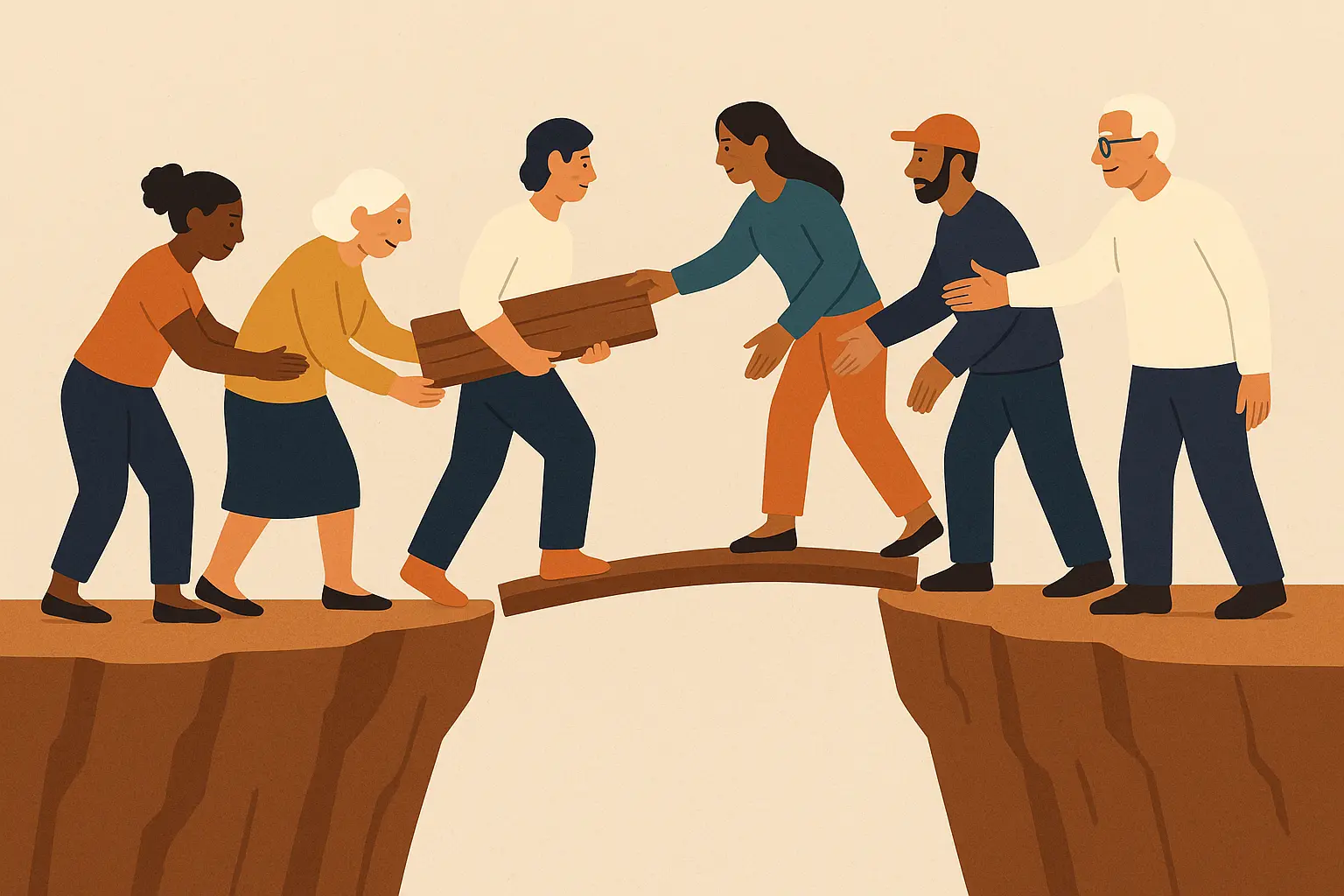 Community members working together building a bridge