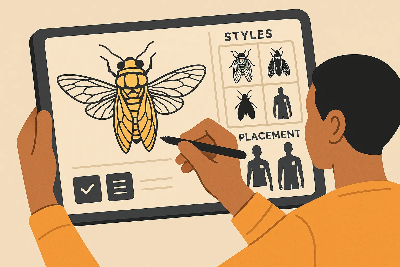 Tattoo Generator IQ platform interface showing cicada tattoo design options
