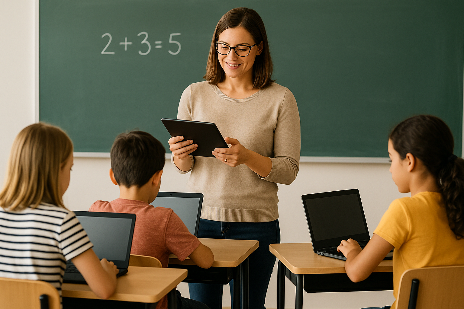 Teacher integrating technology into modern classroom instruction