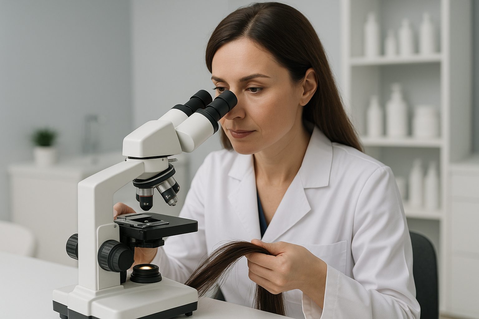 Trichologist examining hair and scalp with professional equipment