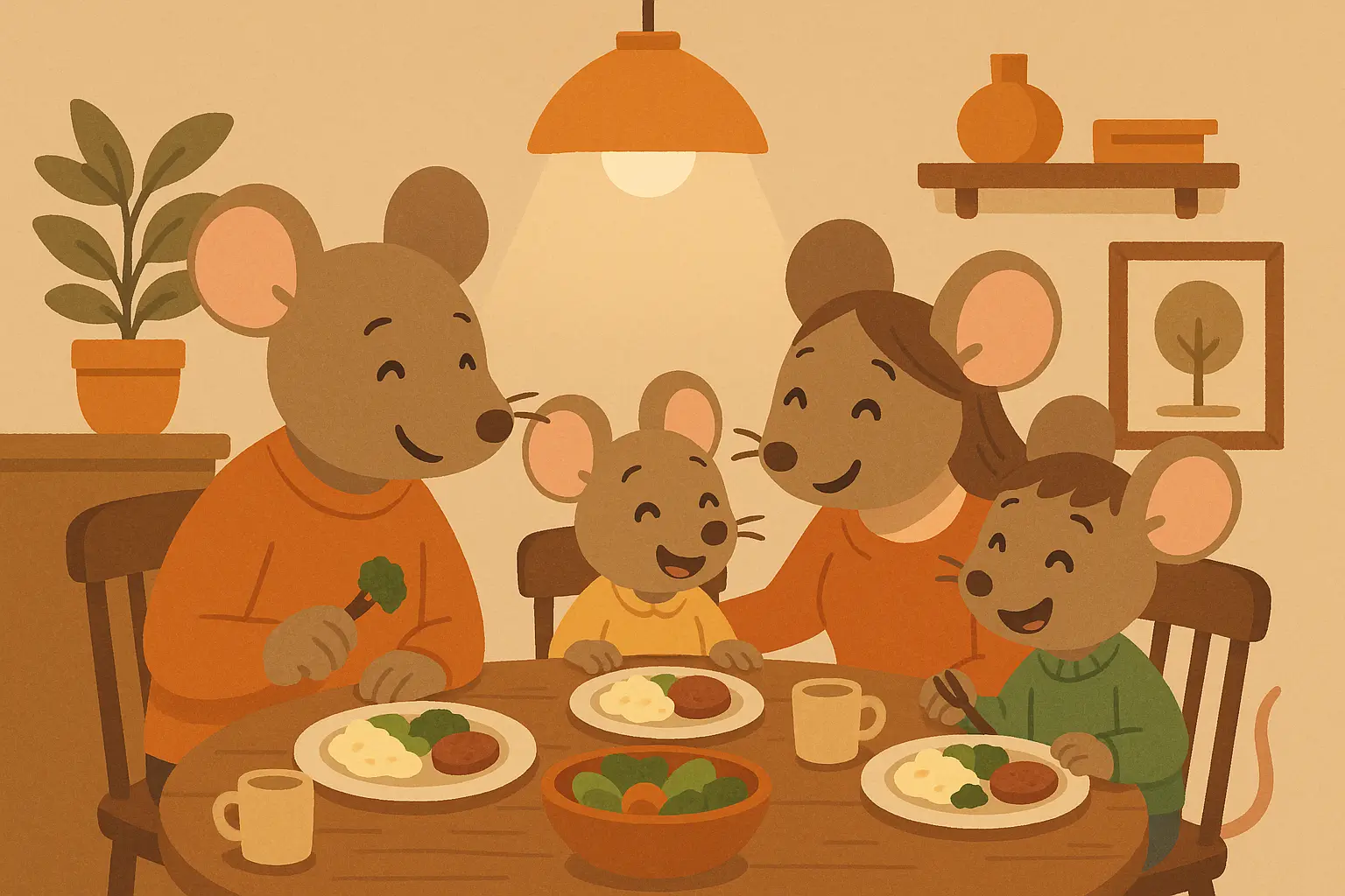 Family of animal characters in domestic setting