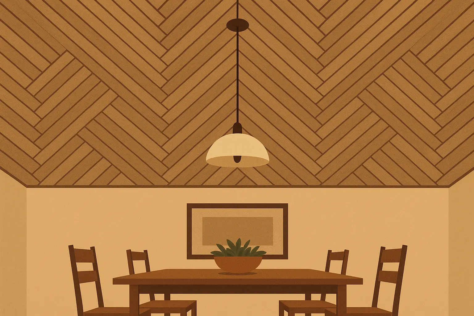 Geometric herringbone shiplap ceiling pattern in modern dining room