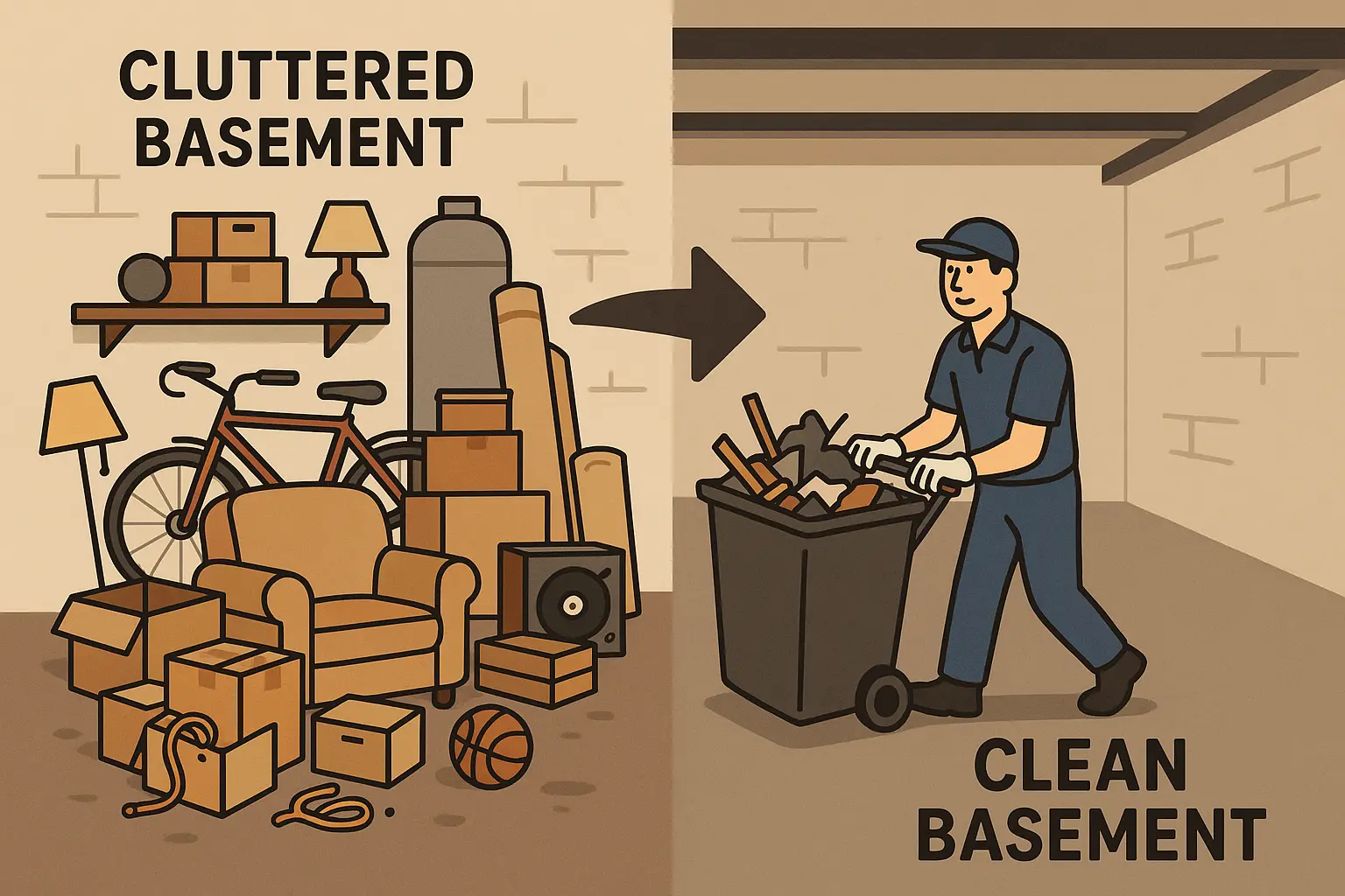 Professional basement cleanout service clearing space for renovation