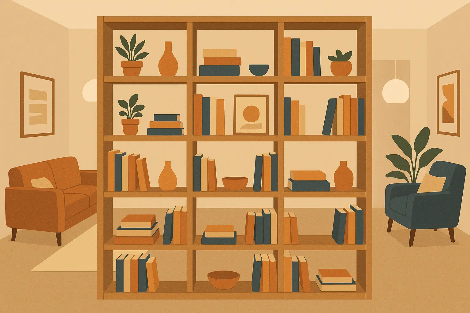 Open bookshelf room divider with storage and display functionality