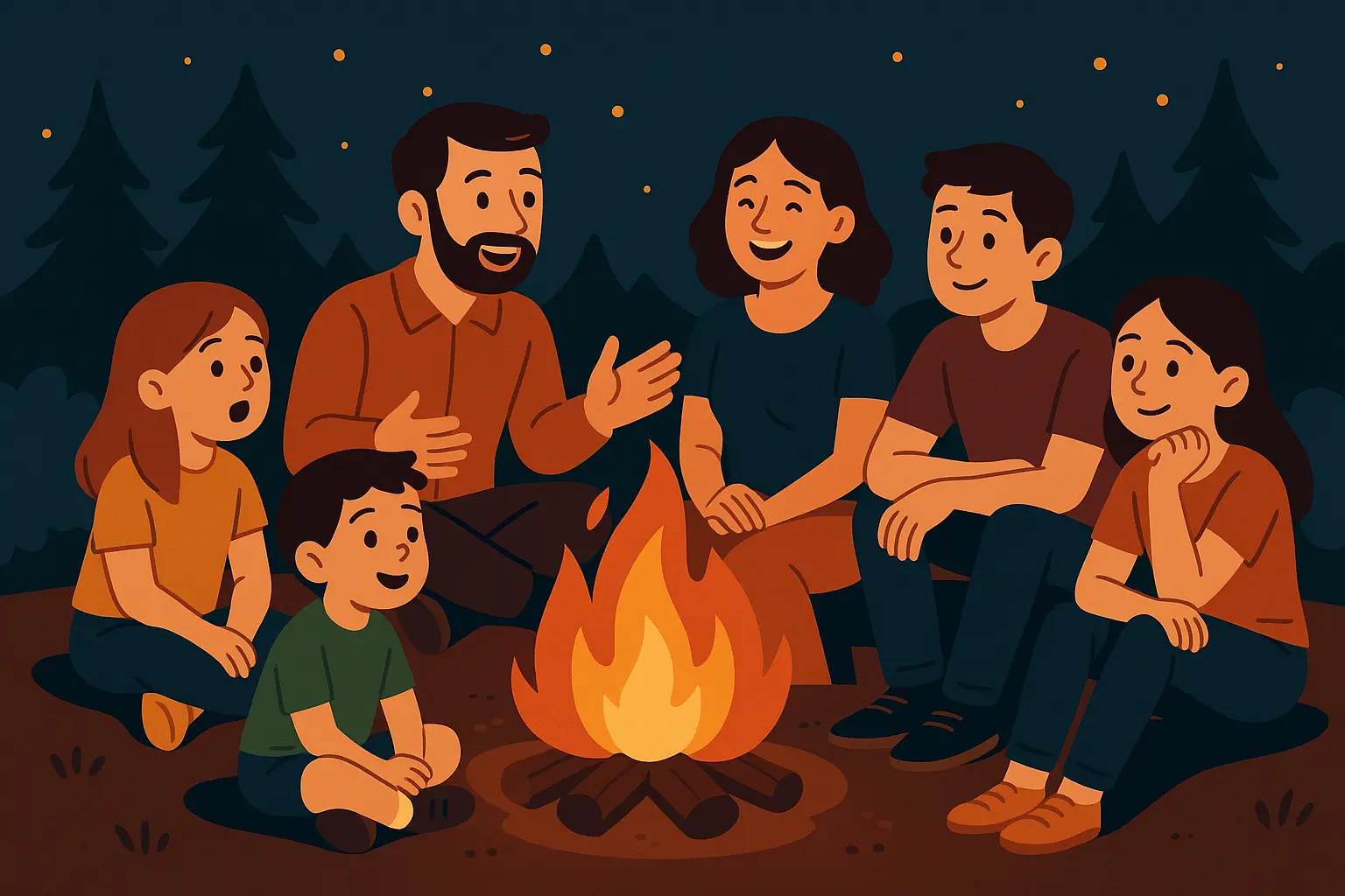 Starry night sky above campfire gathering