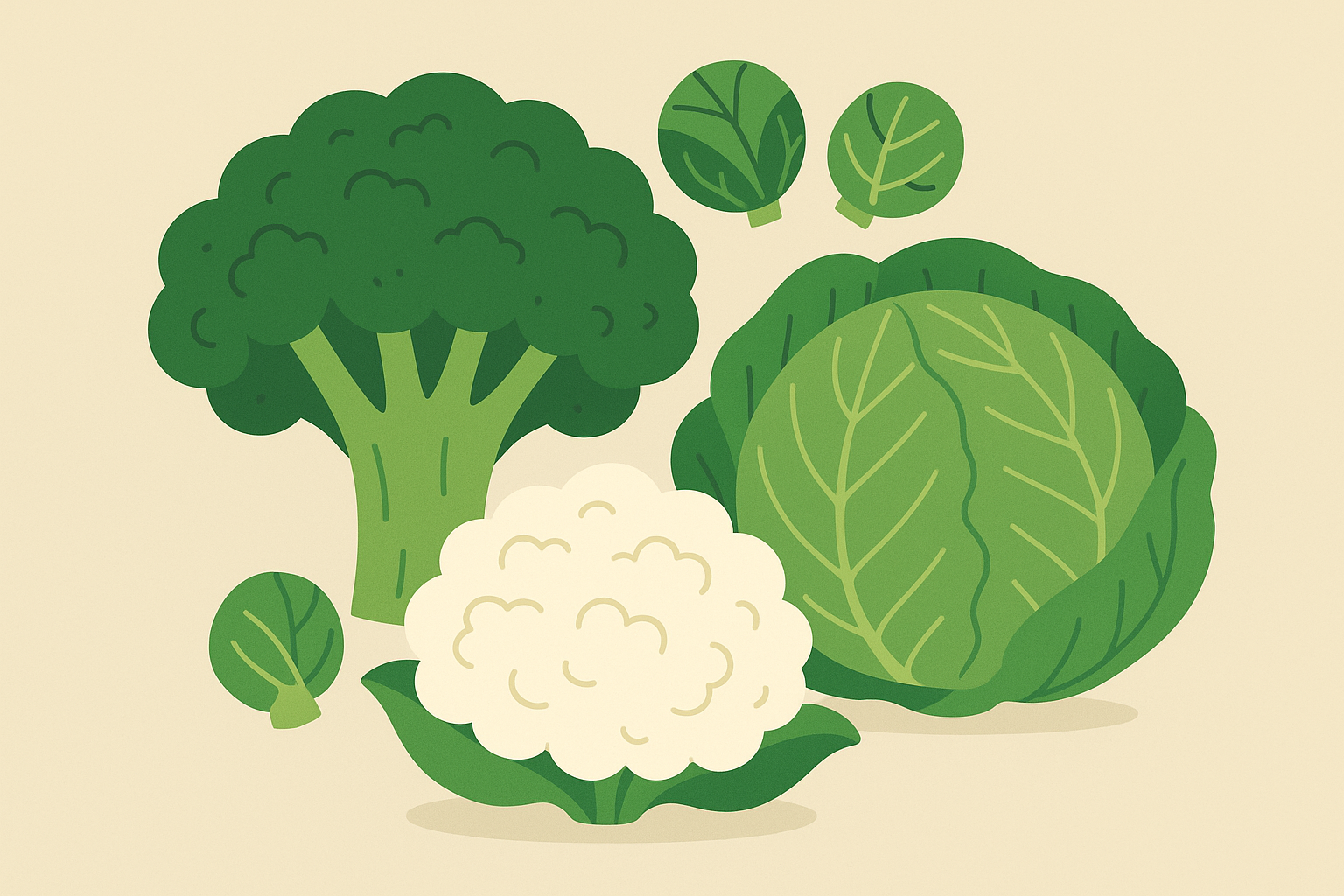 Variety of cruciferous vegetables including broccoli and Brussels sprouts